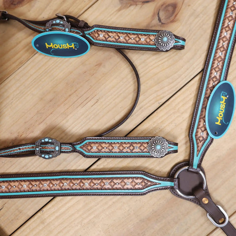 Western Horse Headstall And Breast Collar Tack Set Crafted From Genuine Argentina Cowhide Leather With Geometric Tooling white rhinestones and turquoise details on wood background.