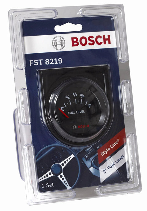 Style Line 2 Inch Fuel Level Gauge Electric Black Dial Face Black Bezel Backlit 12V Negative Ground Requires Fuel Level Sender SP0F000013 Includes Mounting Hardware Fits 2.0625 Inch Opening, packaged view