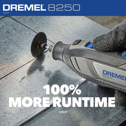 Dremel 8250 cordless rotary tool with grinding disc on metal surface, blue/gray body, gloved hand