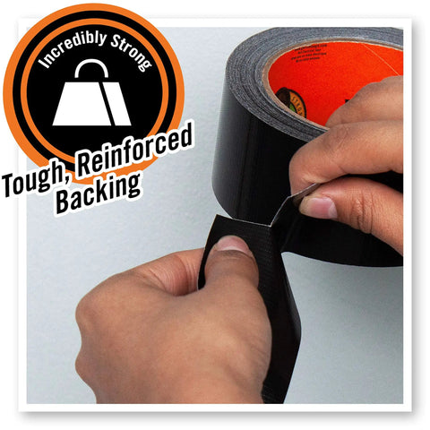 Person tearing Heavy Duty Double Thick Black Duct Tape 1.88 Inch By 12 Yard Roll For Indoor And Outdoor Use That Grips Wood Stone Brick