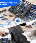 259-Piece General Household Tool Kit Set With Plastic Storage Toolbox, Portable Complete Repair Tool Box For Home And Car, Durable Chrome Vanadium Hand Tools, Non-Slip Grips, Blue. Image shows the open tool kit with various tools including screwdrivers and a visible hand using a screwdriver on furniture.