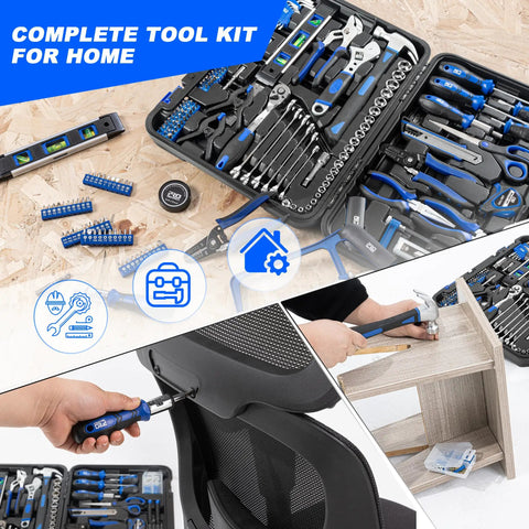 259-Piece General Household Tool Kit Set With Plastic Storage Toolbox, Portable Complete Repair Tool Box For Home And Car, Durable Chrome Vanadium Hand Tools, Non-Slip Grips, Blue. Image shows the open tool kit with various tools including screwdrivers and a visible hand using a screwdriver on furniture.