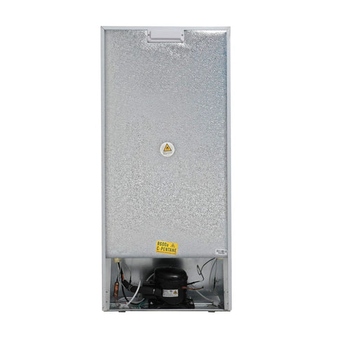 Back view of Stand Up Freezer With Reversible Door 5 Cubic Feet, showing internal components and silver finish.
