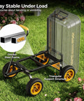 Heavy Duty Garden Dump Cart With No-Flat 10-Inch Tires, 600lb Capacity, strong steel frame, and triangular support in garden.