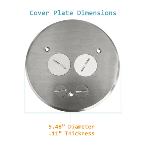 Heavy Duty Screw Cap Floor Outlet Cover With Twist Lock Flip Up Flange And 20 Amp Duplex Receptacle Premium Nickel Plated Brass Finish, round cover plate with dimensions.