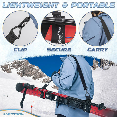 Person using heavy duty ski straps and pole carrier with adjustable length and cushioned shoulder sling, carrying skis on mountain slope.