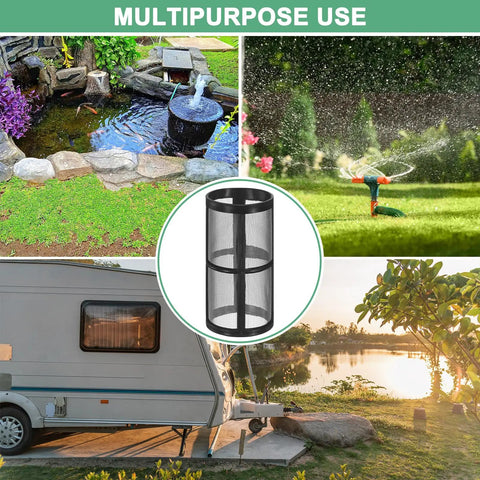2 Pack 100 Mesh Stainless Steel Filter Screens For Water Pumps And Hoses Reusable Inline Sediment Filter Replacement For T Strainers Pressure Washers RVs Garden Hoses Black, image showing filter in garden and RV use