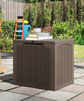 Brown 30 Gallon Outdoor Storage Box Bench With Lockable Lid Waterproof Resin Deck Box in garden setting