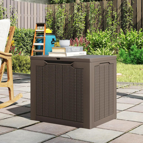 Brown 30 Gallon Outdoor Storage Box Bench With Lockable Lid Waterproof Resin Deck Box in garden setting
