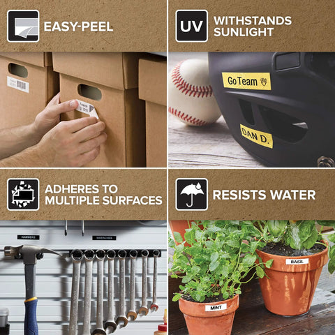Gotta Keep Your Desk Nailed Down With Sleek Self Adhesive Label Rolls Measuring Half Inch By Twenty Three Feet Black Print On Crisp White Base Quick Peel And Stick Formula For Neat Office Sorting Or Pantry Makeovers Comes As Two Roll Pack, showcasing versatile uses for labeling boxes, sports gear, tools, and plants.