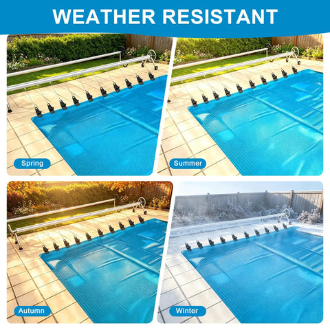 26 Piece Solar Pool Cover Strap Kit With Metal Bands And Beefy Nylon Clips Built Tough For Reel Mounting Handles Scorching Temperatures Without Bending And Keeps Your Pool Wrapped Up Secure displayed in spring, summer, autumn, winter weather conditions.