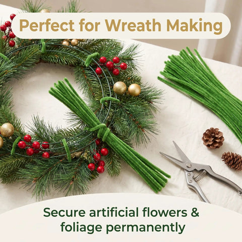 Chenille Stem Pipe Cleaners Bulk Pack About 200 Pieces, 12 Inch Length, 0.24 Inch Diameter, Ideal For DIY Crafts, Festival Decor, Floral Arrangements, Wreath Making, Bendable Twisty Stems For Adults Projects in green wreath-making scene