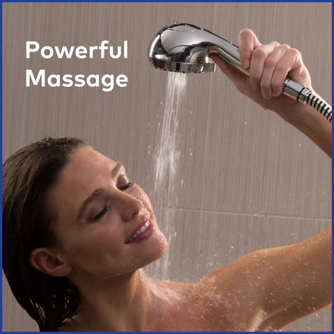 Person using High Pressure 2 In 1 Shower Head System With Handheld Spray And 5 Foot Hose, PowerPulse Therapeutic Massage, Chrome Finish
