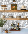 Kitchen shelves with decor against Black And White Lotus Lily Leaf Peel And Stick Wallpaper Self Adhesive Prepasted Mural For Walls