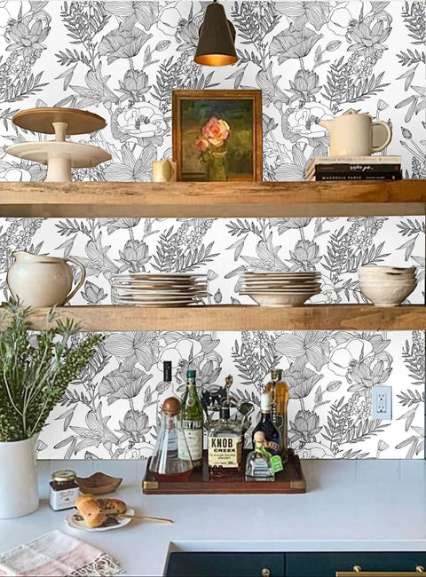 Kitchen shelves with decor against Black And White Lotus Lily Leaf Peel And Stick Wallpaper Self Adhesive Prepasted Mural For Walls