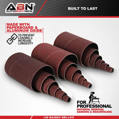 Aluminum Oxide Spindle Sanding Sleeves 18 Pack 4.5 Inch Length Assorted Grits 80 120 240 for woodworking, shown in tiers by size.