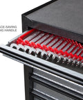 30 Piece Combination Wrench Set With Inch And Metric Wrenches arranged in toolbox drawer with space-saving folding handle.