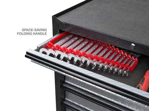30 Piece Combination Wrench Set With Inch And Metric Wrenches arranged in toolbox drawer with space-saving folding handle.