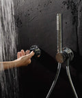 Sleek Recessed Shower System With Thermostatic Control And Anti Scald Safety Lock Chrome Plated Finish integrated diverter valve and handheld sprayer in use.