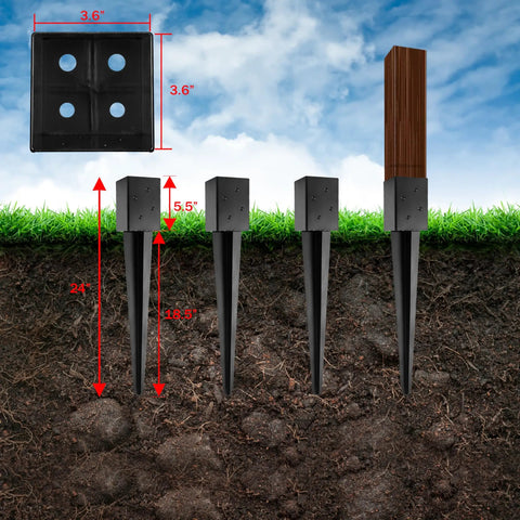 4x4 Fence Post Anchor 24 Inch Ground Spike For Wood Posts Black Powder Coated Metal Easy Install Mailbox Post Anchor No Digging No Concrete Required Durable Yard Fence Hardware showing dimensions and installation process