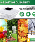 7 Lumen Solar Post Cap Light For 4x4 Wood Posts And 4x4 Or 5x5 PVC Posts White Four Pack Outdoor Garden Yard Pathway Lighting Dope For Nighttime Visibility with seasonal icons and garden images