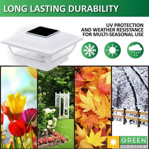 7 Lumen Solar Post Cap Light For 4x4 Wood Posts And 4x4 Or 5x5 PVC Posts White Four Pack Outdoor Garden Yard Pathway Lighting Dope For Nighttime Visibility with seasonal icons and garden images