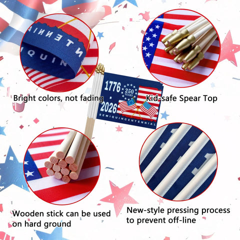 250th Anniversary USA Flags On Sticks 5X8 Inch Mini Handheld Flags 12 Pack with patriotic features and wooden sticks