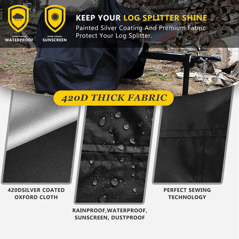 Heavy Duty Log Splitter Cover All Weather Waterproof Shield Built To Last For 15 40 Ton Splitters Fits Up To 83 In Long 45 In Wide 39 In High Tear Resistant 420D Polyester Material displayed with silver coating, waterproof and sunscreen features.