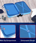 Open Spider-Man kids ride-on luggage showing inside compartments and compression straps with Marvel branding, ideal for travel.