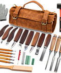 Deluxe Wood Carving Kit With 25 Piece Tool Set And Leather Storage Bag For Beginners displayed with tools and accessories