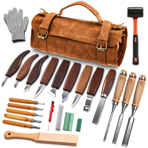 Deluxe Wood Carving Kit With 25 Piece Tool Set And Leather Storage Bag For Beginners displayed with tools and accessories