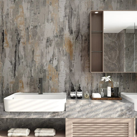 Bathroom scene with Extra Thick Concrete Wallpaper Peel And Stick Roll 15.7 Inch Wide By 354 Inch Long Waterproof Self Adhesive Cement Texture
