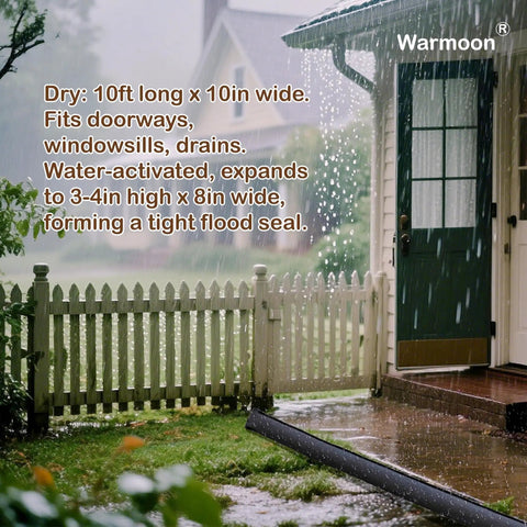 10 Foot Self Absorbing Flood Barrier For Doors And Entrances No Fuss Setup Ready To Block Floods Fast With Water Activated Expansion shown beside doorway under rain