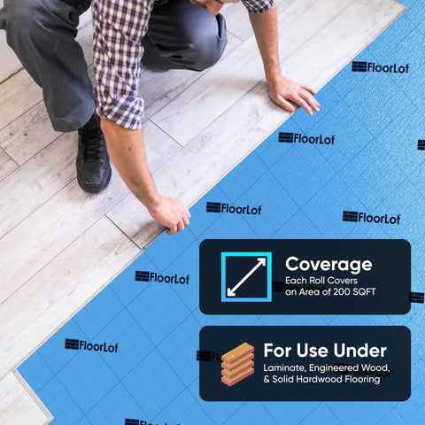 Heavy Duty Underlayment Roll With Built Moisture Barrier For Laminate And Hardwood Floors shown in installation, covering two hundred square feet.