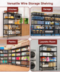 Wire Storage Rack On Wheels, Five Tier Metal Shelving For Kitchen Or Garage, 24 Inch Wide By 18 Inch Deep By 75 Inch High, NSF Approved Durable Steel Frame With Easy Roll Mobility, Perfect For Food, Spices, Utensils, And Daily Essentials. Kitchen storage shelf with microwave and pantry items