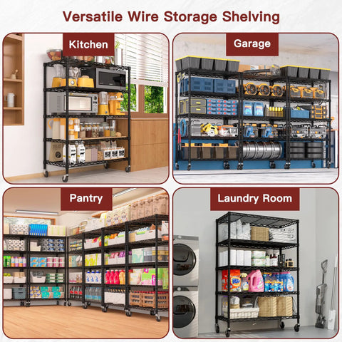 Wire Storage Rack On Wheels, Five Tier Metal Shelving For Kitchen Or Garage, 24 Inch Wide By 18 Inch Deep By 75 Inch High, NSF Approved Durable Steel Frame With Easy Roll Mobility, Perfect For Food, Spices, Utensils, And Daily Essentials. Kitchen storage shelf with microwave and pantry items