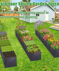 Three 12x2x1ft fabric raised garden beds outdoors with flowers, showcasing nonwoven planter box, easy setup, no tools needed.