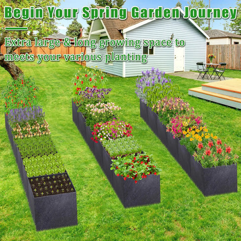 Three 12x2x1ft fabric raised garden beds outdoors with flowers, showcasing nonwoven planter box, easy setup, no tools needed.