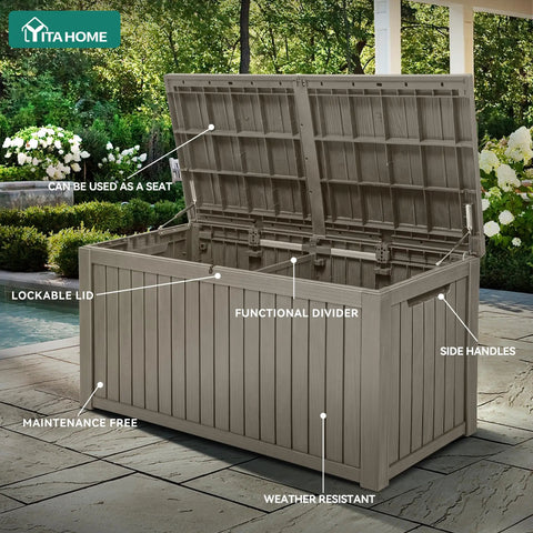 Beefy 220 Gallon XL Outdoor Storage Deck Box With Divider Built For Real Life Use, Weatherproof Resin, Lockable Lid on patio