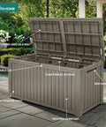 Massive 220 Gallon Outdoor Storage Deck Box With Divider Waterproof Lockable Resin Built Wood Look Brown Perfect For Patio Furniture And Garden Tools Organization shown open with features labeled