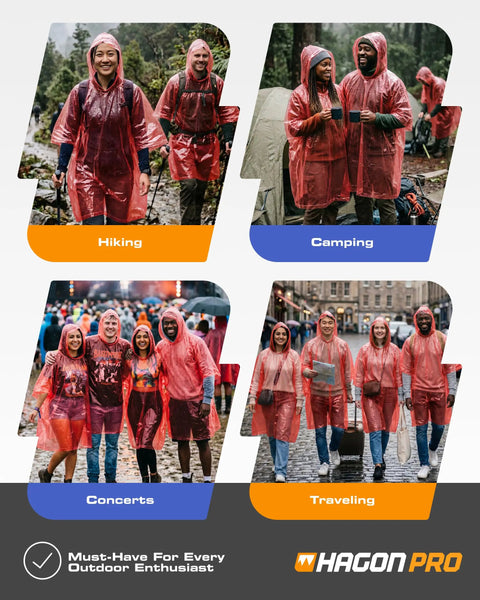 Disposable Rain Ponchos For Adults 5 Pack Hooded Full-Size 48 X 40 Inches worn while hiking, camping, and at festivals.