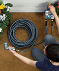 Person connecting a garden hose with Two Piece Brass Garden Hose Quick Connect Fittings Set For Hoses Nozzles And Sprinklers.