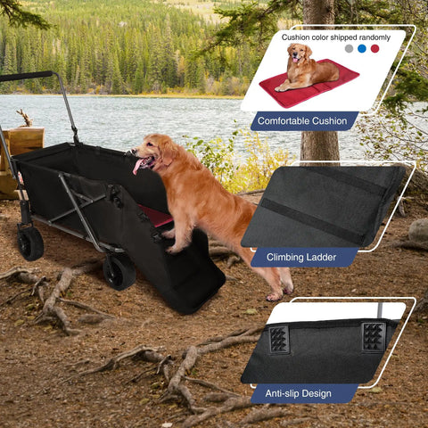Golden retriever using Beefy Heavy Duty Folding Dog Wagon Cart With Extendable Rear, 220L, black, on outdoor camping trip.