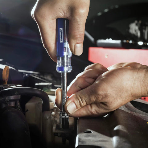 Person using Pro Grade 122 Piece Mechanics Tool Set With Sockets And Ratchets In SAE And Metric For Auto And Home Repairs Built With Chrome Vanadium Steel