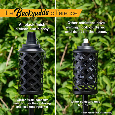 16 Ounce Torch Replacement Canisters 4 Pack Wide Mouth Metal With Snuffer Cap Attached Easy Fill Opening Compatible With Tiki Torches Includes Wicks For Outdoor Lighting