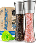 Stainless Steel Salt And Pepper Grinder Set Of 2 With Adjustable Ceramic Mills, Tall Clear Glass Shakers, includes green funnel