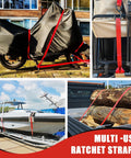 4 Pack 1 Inch By 15 Foot Ratchet Straps With 1500 Lb Break Strength S Hooks And 4 Soft Loops securing motorcycle, boat, logs