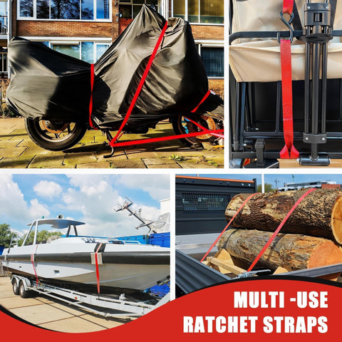 4 Pack 1 Inch By 15 Foot Ratchet Straps With 1500 Lb Break Strength S Hooks And 4 Soft Loops securing motorcycle, boat, logs