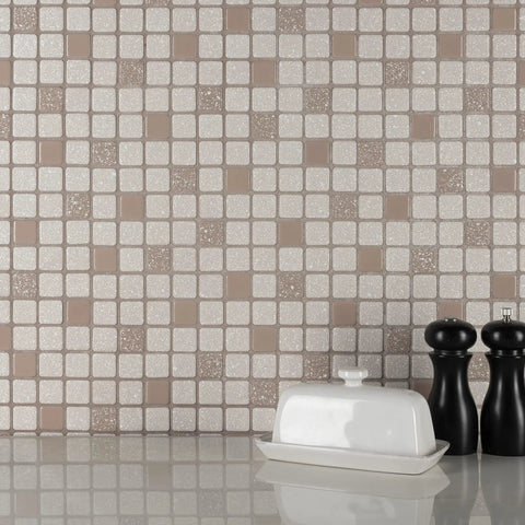 Beige Porcelain Tile 12x12 Crystalline Square Mosaic For Floor And Wall Mesh Mounted Glazed With Mixed Texture, installed on a kitchen wall