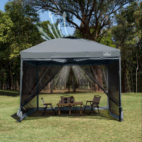10x10 Pop Up Canopy Tent With Screen Walls, Waterproof Portable Shade For Camping in a park setting, chairs inside